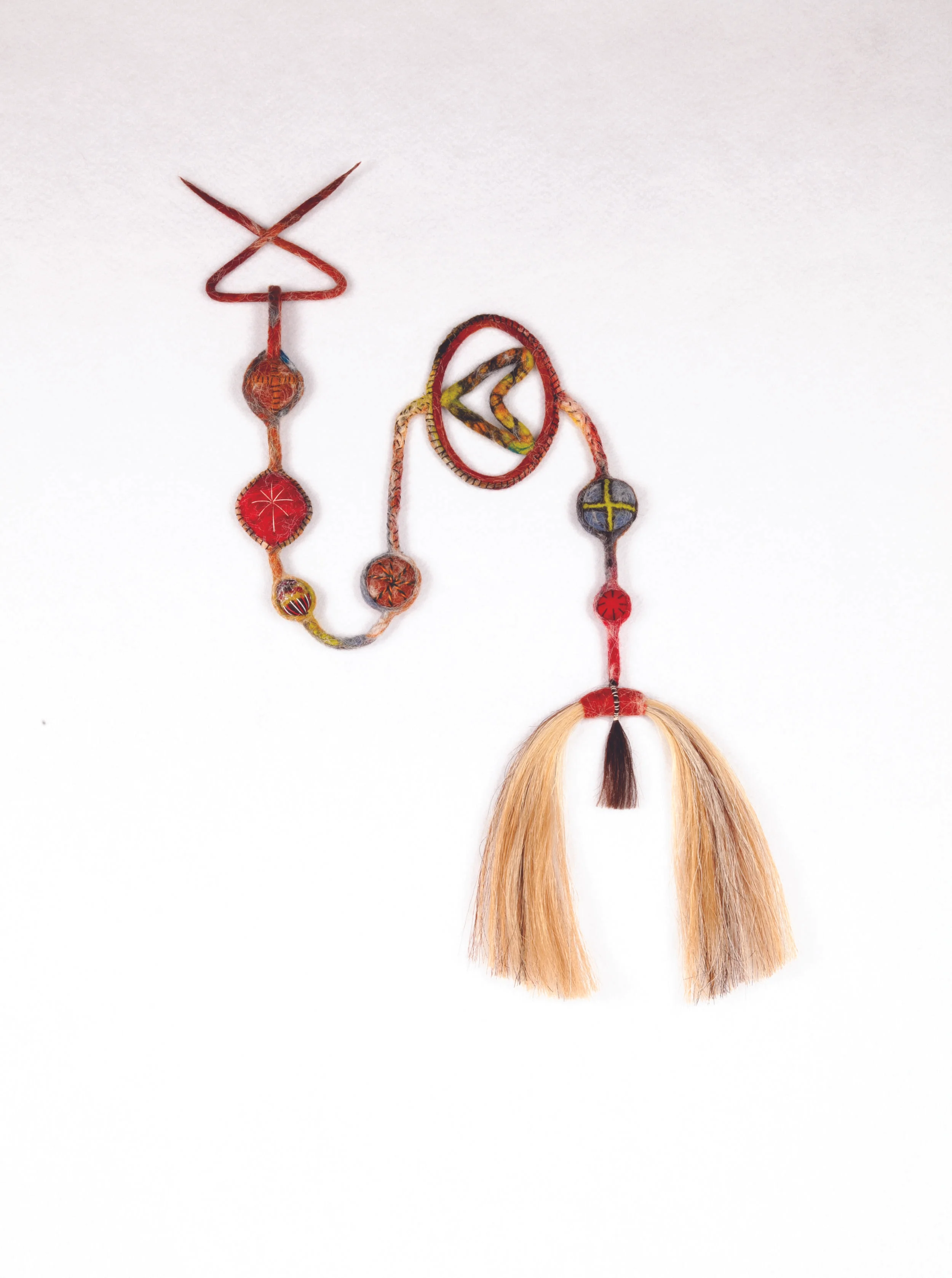 Katrina Virgona, Bridle Tales, 2019, sheep and alpaca wool, horse, goat and human hair, silk, wire, thread, 96 x 18 x 3 cm.jpg