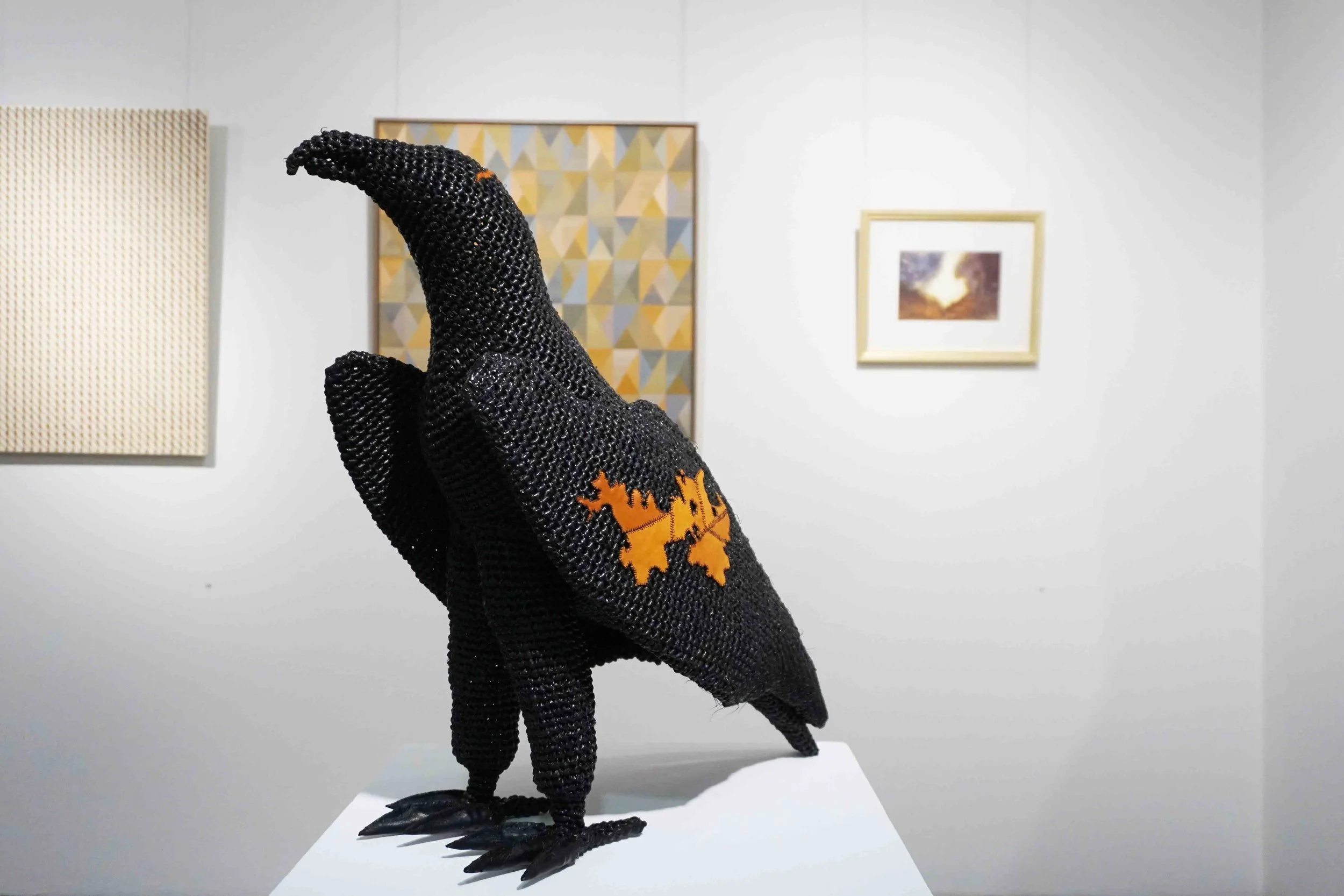  15. Mikaela Castledine,  Home Range , 2019, crocheted polypropylene, steel, leather, 60 x 60 x 28 cm $3,200 