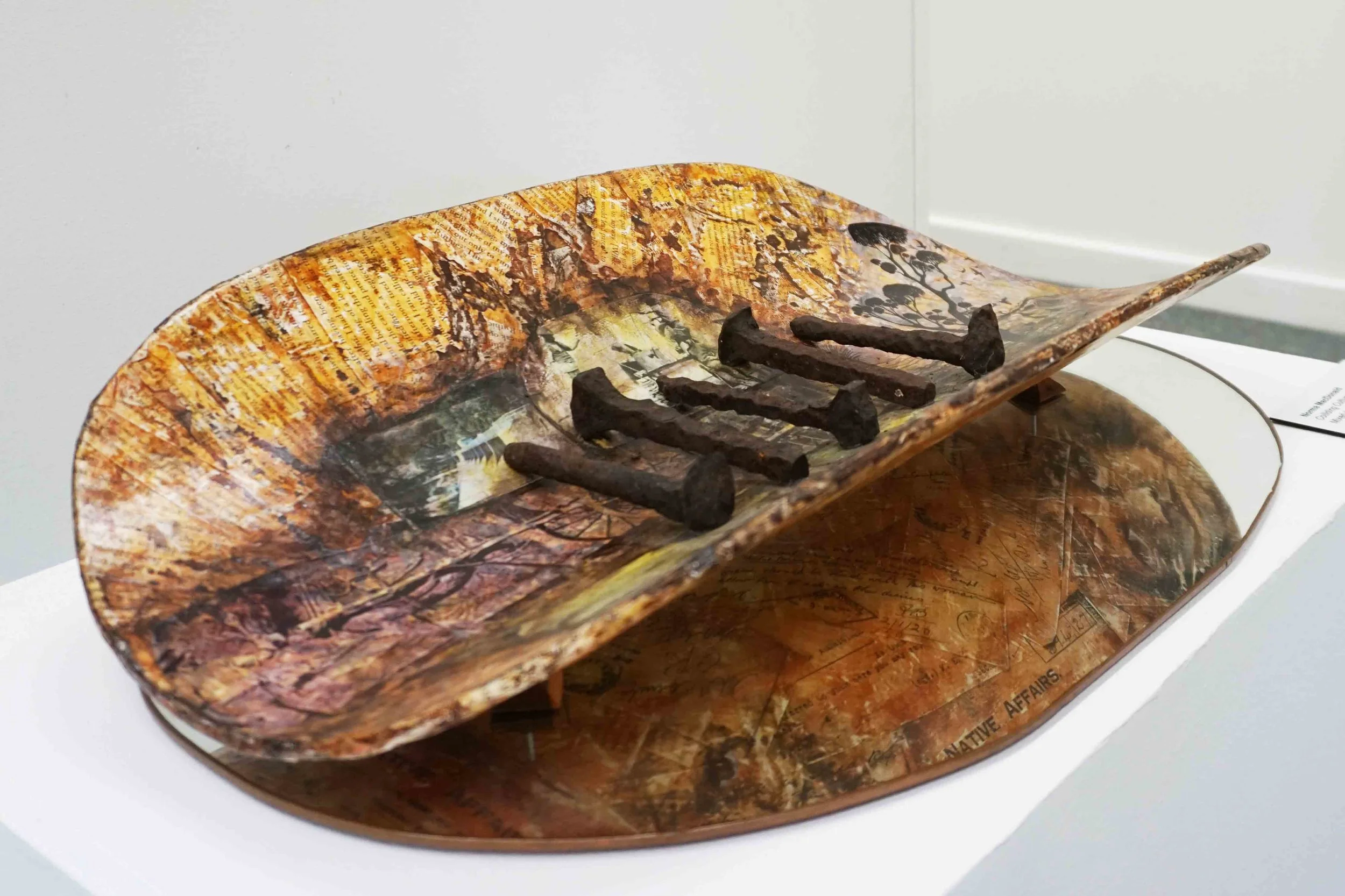  Norma MacDonald,  Colliding Cultures , 2016, mixed medium of pylwood, mirror, 60 x 43 x 12 cm 
