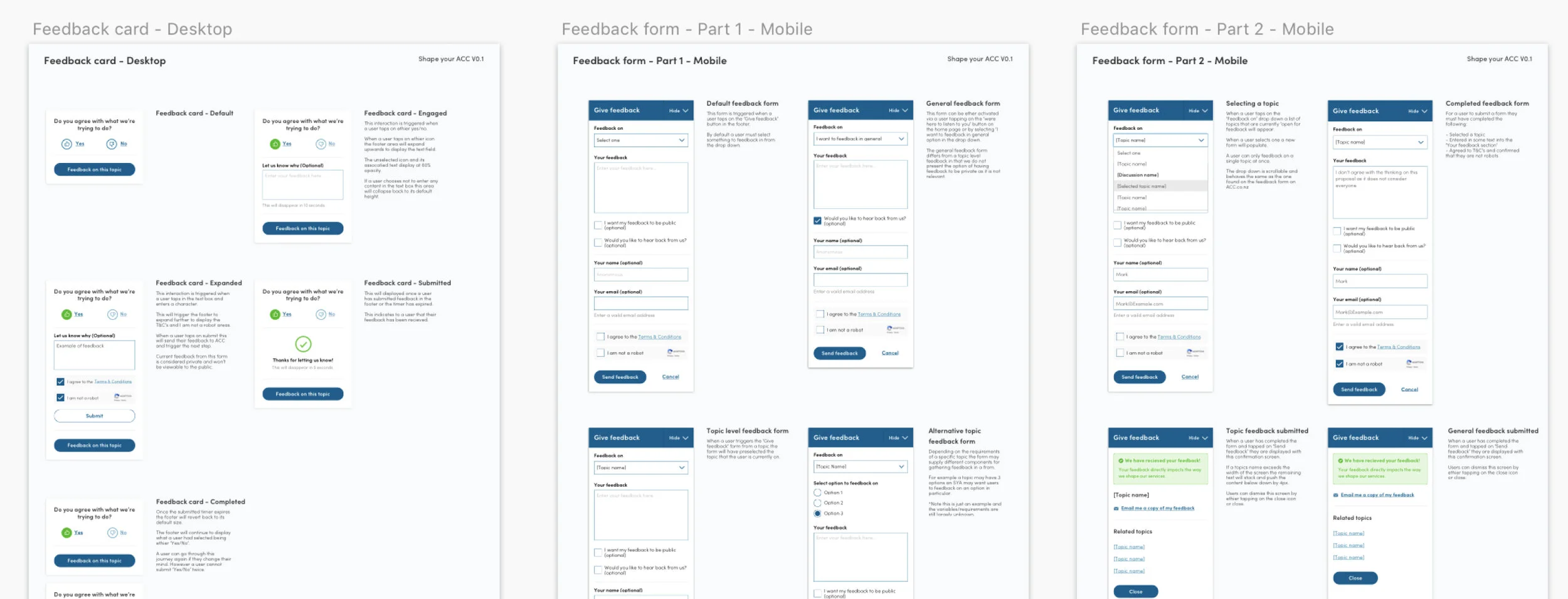 Snippet from the style-guide of the feedback options for Shape your ACC.