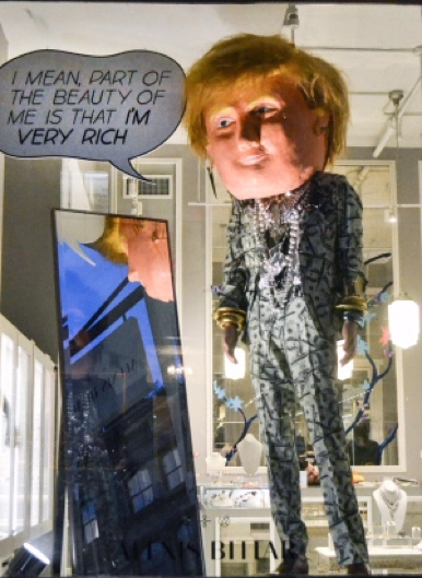 Jewelry designer, Alexis Bittar, gets political in his Trump-themed “Salute to Absurdity” display.