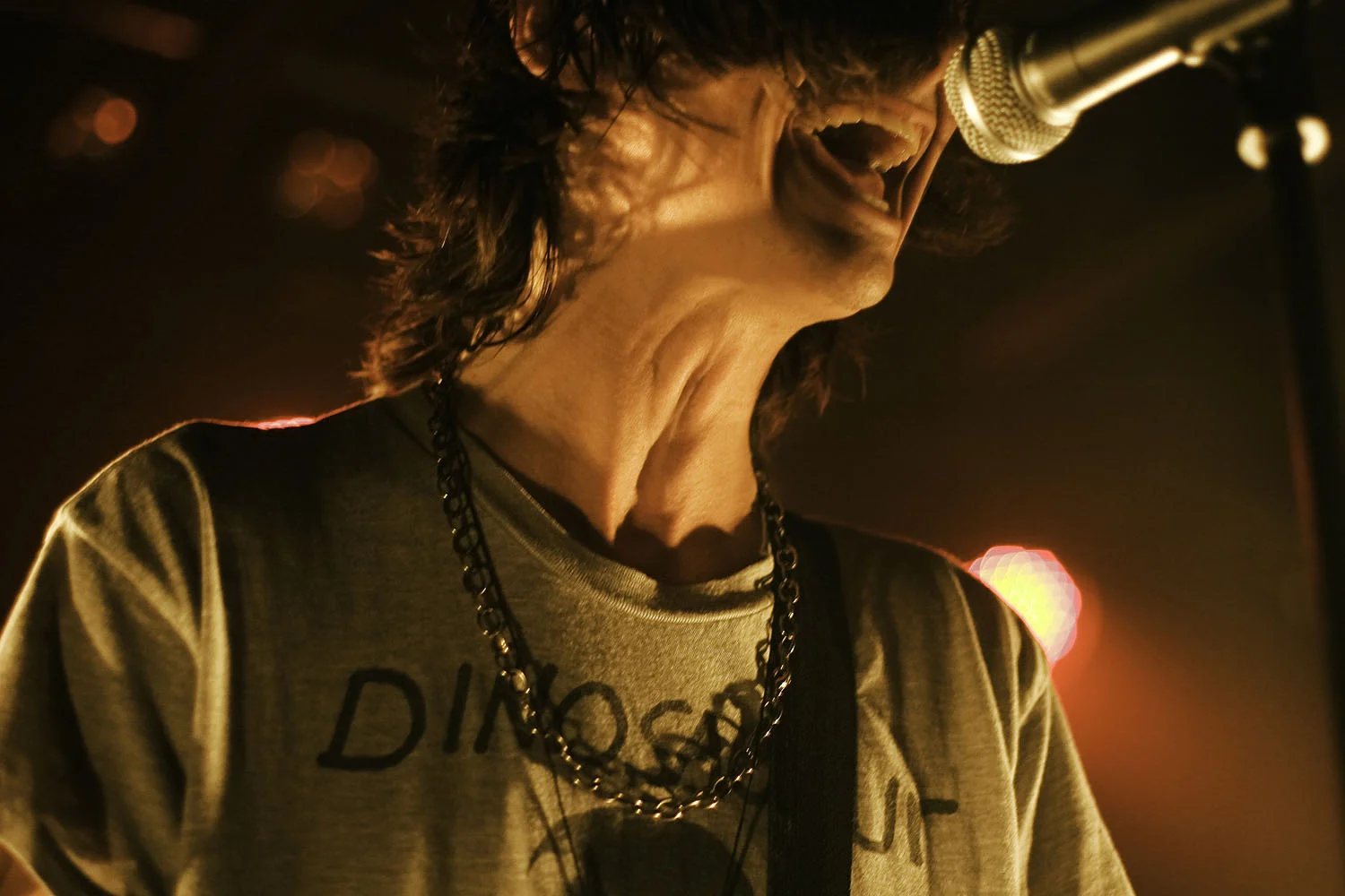 Singer and guitarist Hardy Morris of the band Dead Confederate roars into a microphone during a concert at the Firebird in St. Louis, Missouri. The band's energy was underscored by heavy use of a fog machine and stage-level lights.