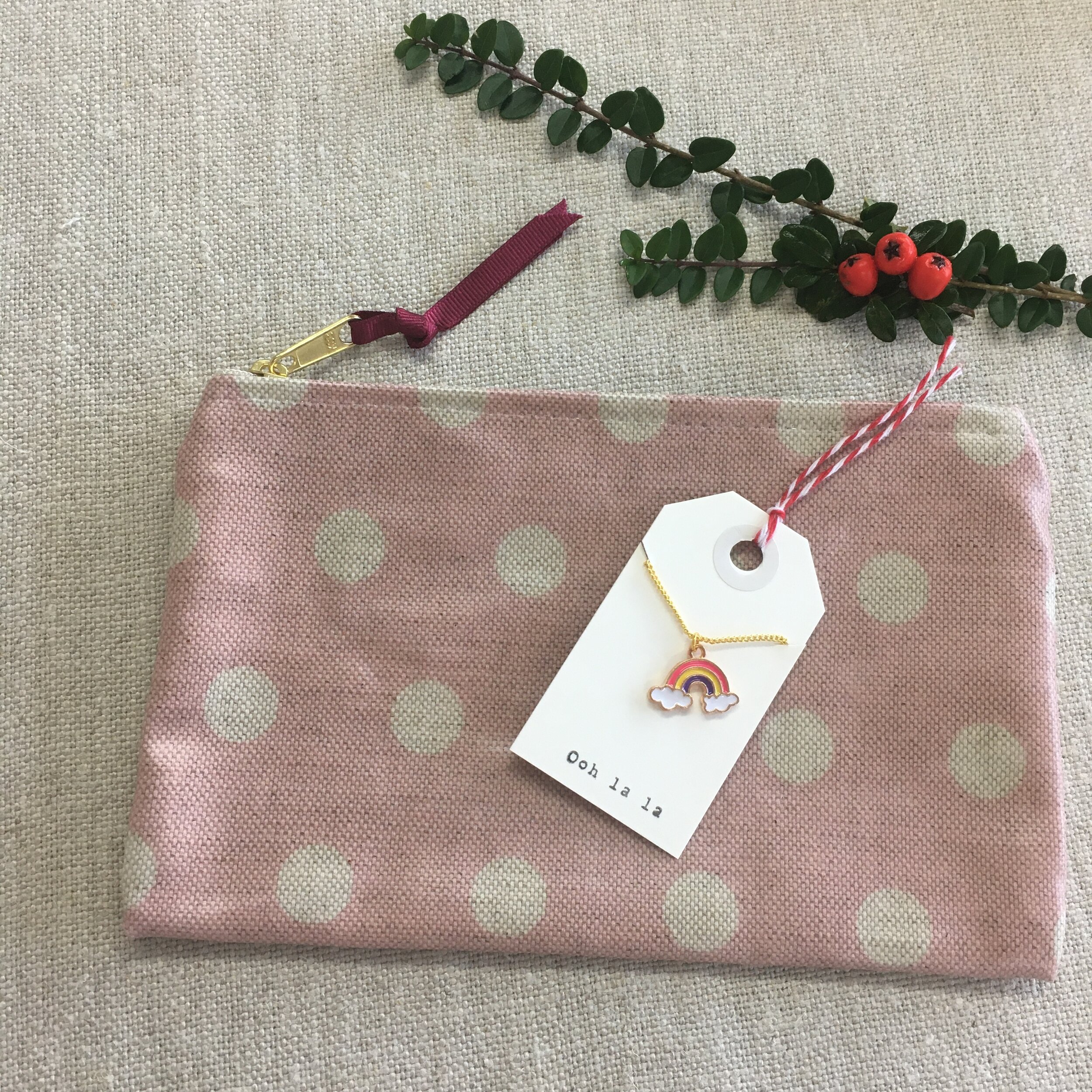 oilcloth purse and rainbow necklace