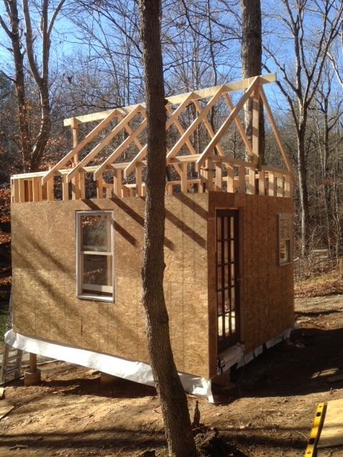 Most of the way through installing the rafters.