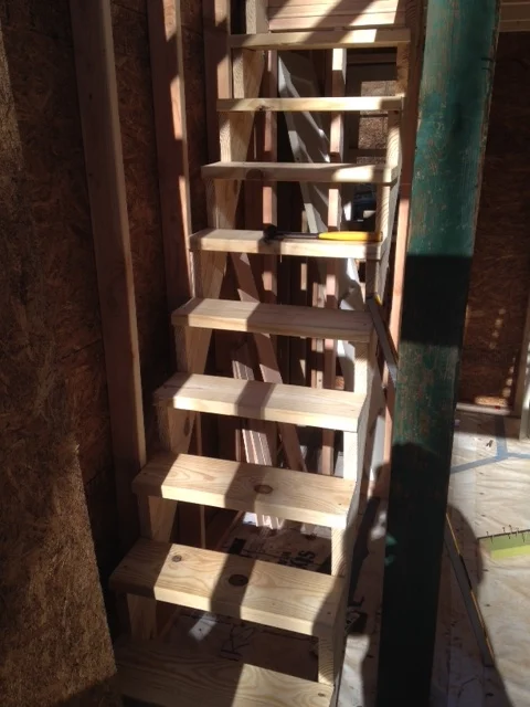 On Sunday, I cut a couple of stair risers and treads. The pitch seems to work much better than a ladder, and it feels like there's enough headroom at the top to not feel terribly cramped. 