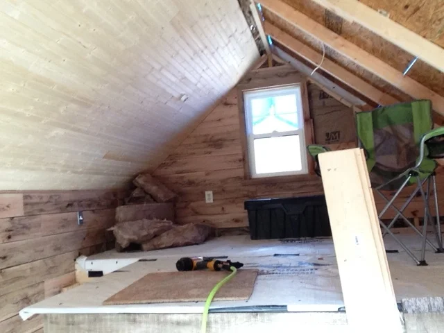 Half the upstairs ceiling done. I worked on this while it snowed outside last week.