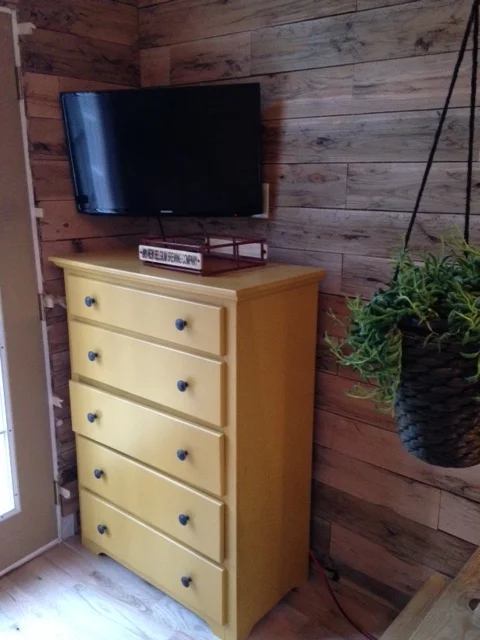 Shannon and Olivia helped paint this past weekend. We painted an old dresser, and matched it with the post supporting the loft and the bathroom door. The color really pops against all the wood. Also installed a TV on the wall. 