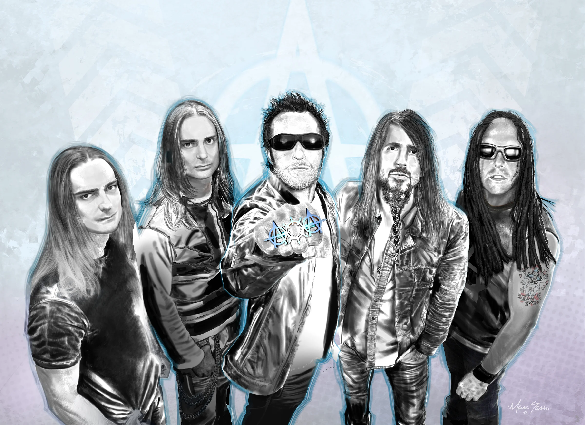 After art directing a photo shoot of the band, multiple pictures are selected to work from. The illustration starts as a grey scale under painting. Detail and color are added as it progresses.