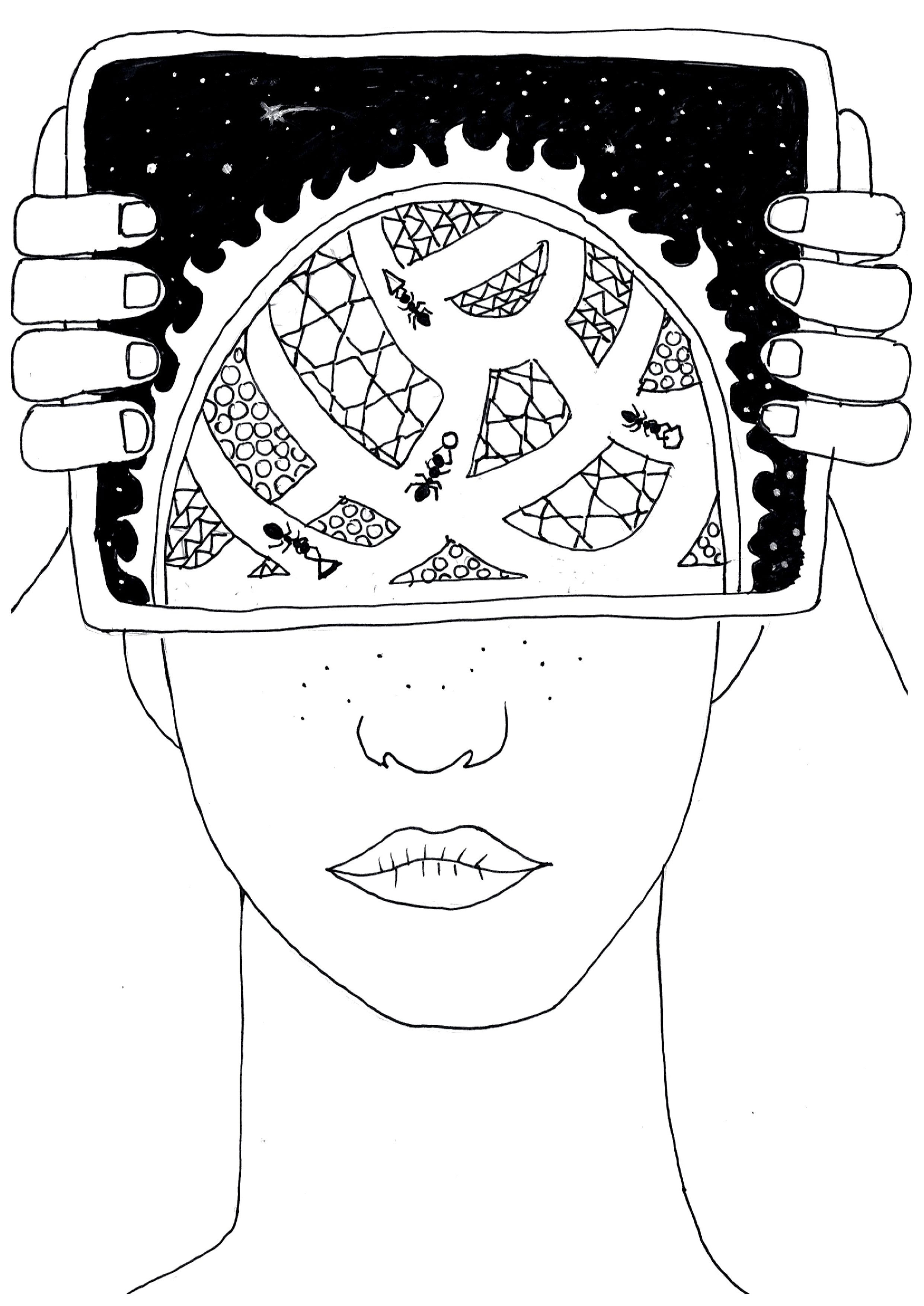 In attempt to depict the concept of memory, I have focused on the upper part of our body. Our mind is the center of our thoughts and everything around us. Much like the sun. The universe represents the vastness of our imagination. The brain is quite systematic, and thus ants.. And how we "bug" ourselves from overthinking.The shapes represent our logic and rationale. Memory requires both the use of our thoughts and imagination. It is not a record of the past. It is how we perceive the past to be.