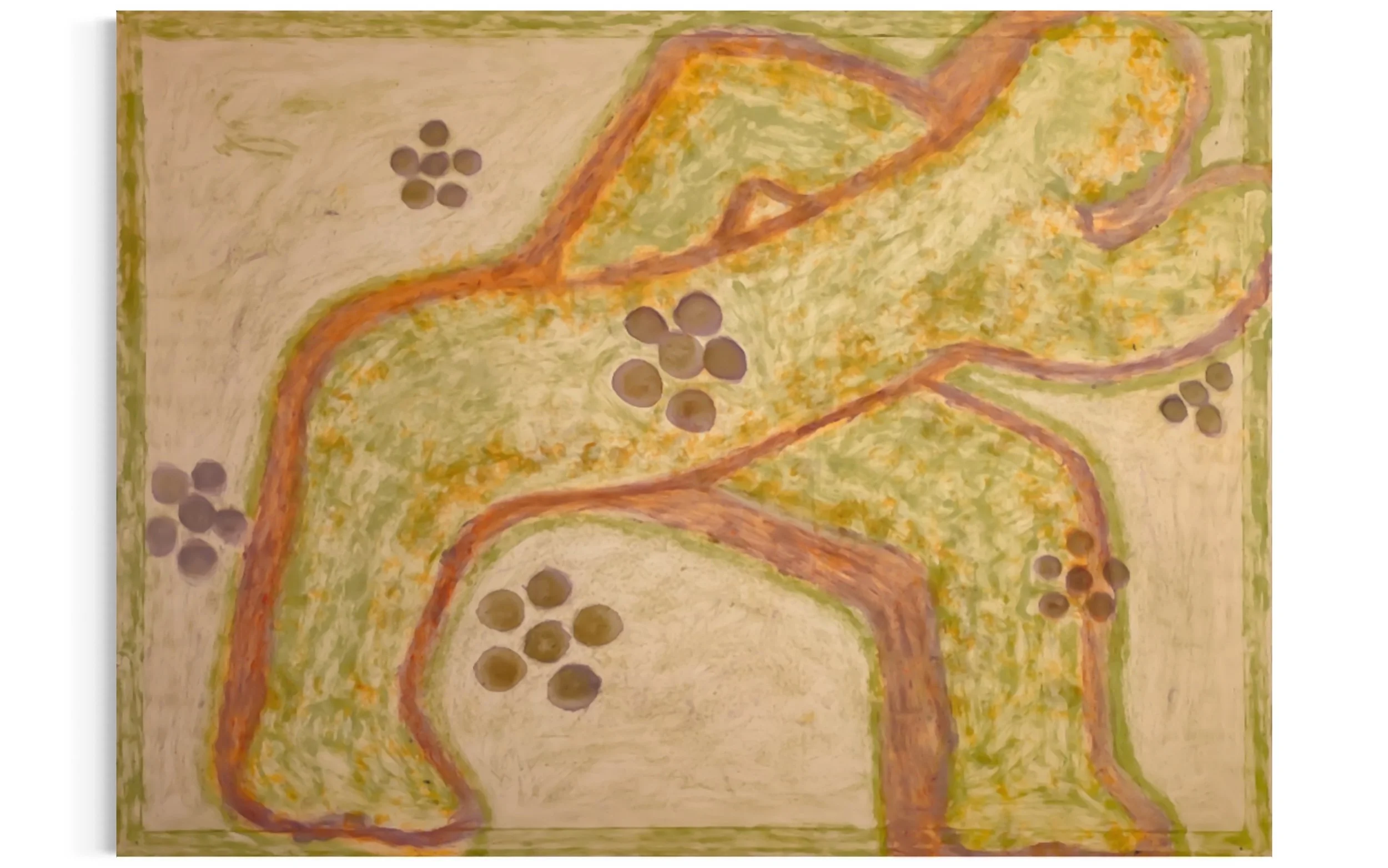 Marigold, marigold leaves, and iris smushed onto silk cotton fabric | 44 x 60 inches | 2023