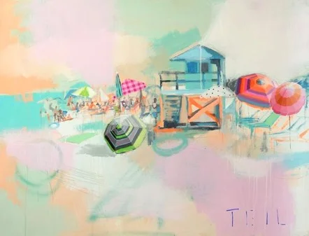 Teil Duncan, “Turquiose Hut,” 36” x 48” original acrylic painting on birch wood panel. ( https://www.teilduncan.com/collections/beaches/products/copy-of-south-beach-sorbet-36x48 )