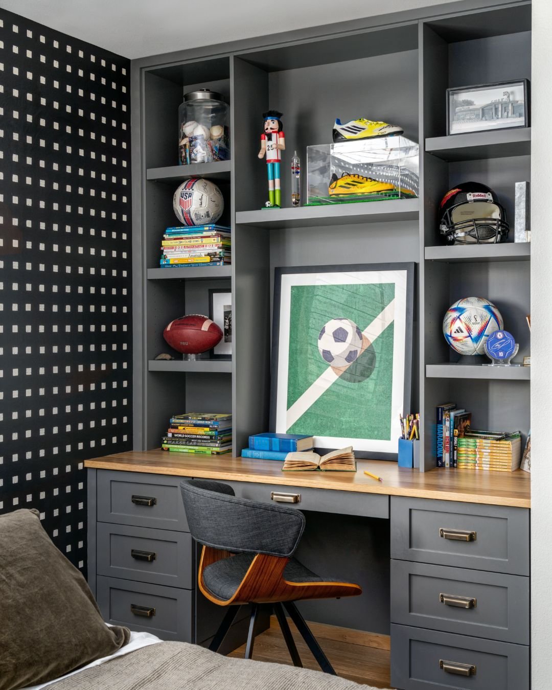 We've all come across a &quot;man-cave&quot; at one point or another. This is our take on a sports-enthusiasts den that replaces kitschy with effortlessly cool 🖤 

For this boys' bedroom, we wanted to elevate the way sports memorabilia is traditiona
