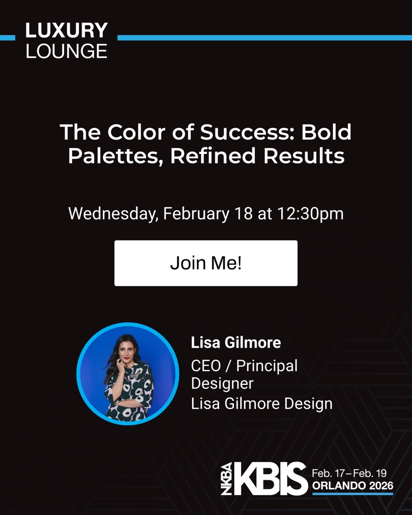 I&rsquo;m BEYOND excited to be speaking in the LUXURY Lounge at @kbis_official about COLOR! 💙🧡💛💜💚

Wednesday, February 18th at 12:30 - 1:30 PM 
LUXURY Lounge, West Hall

Join me, @jaquebethkedesign, @nikkilevyinteriors, moderated by @chandlerpib