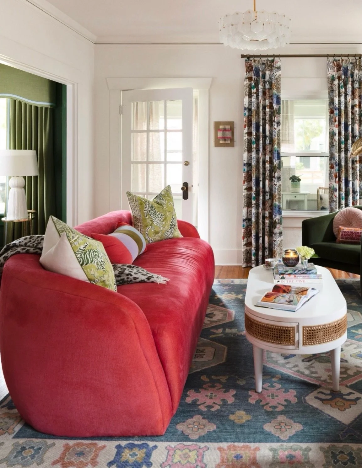 This historic 1925 bungalow deserved colorful, whimsy and artistic touches 🖼️ 

May still be crushing on this @verellenfurniture sofa dressed in velvet. 

📸 @nativehousephotography