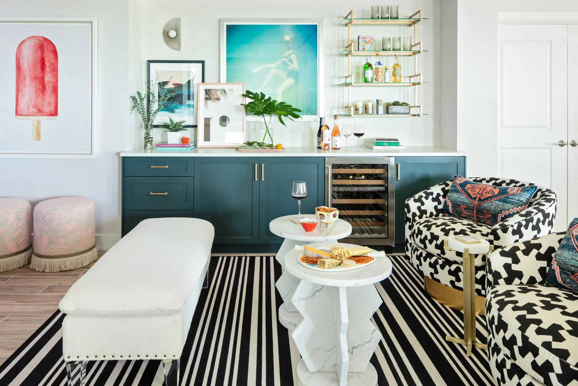 LIGHTING, PHOTOGRAPHY, PAINTINGS AND SHELVING AS WALL ART IN TRENDY LIVING ROOM