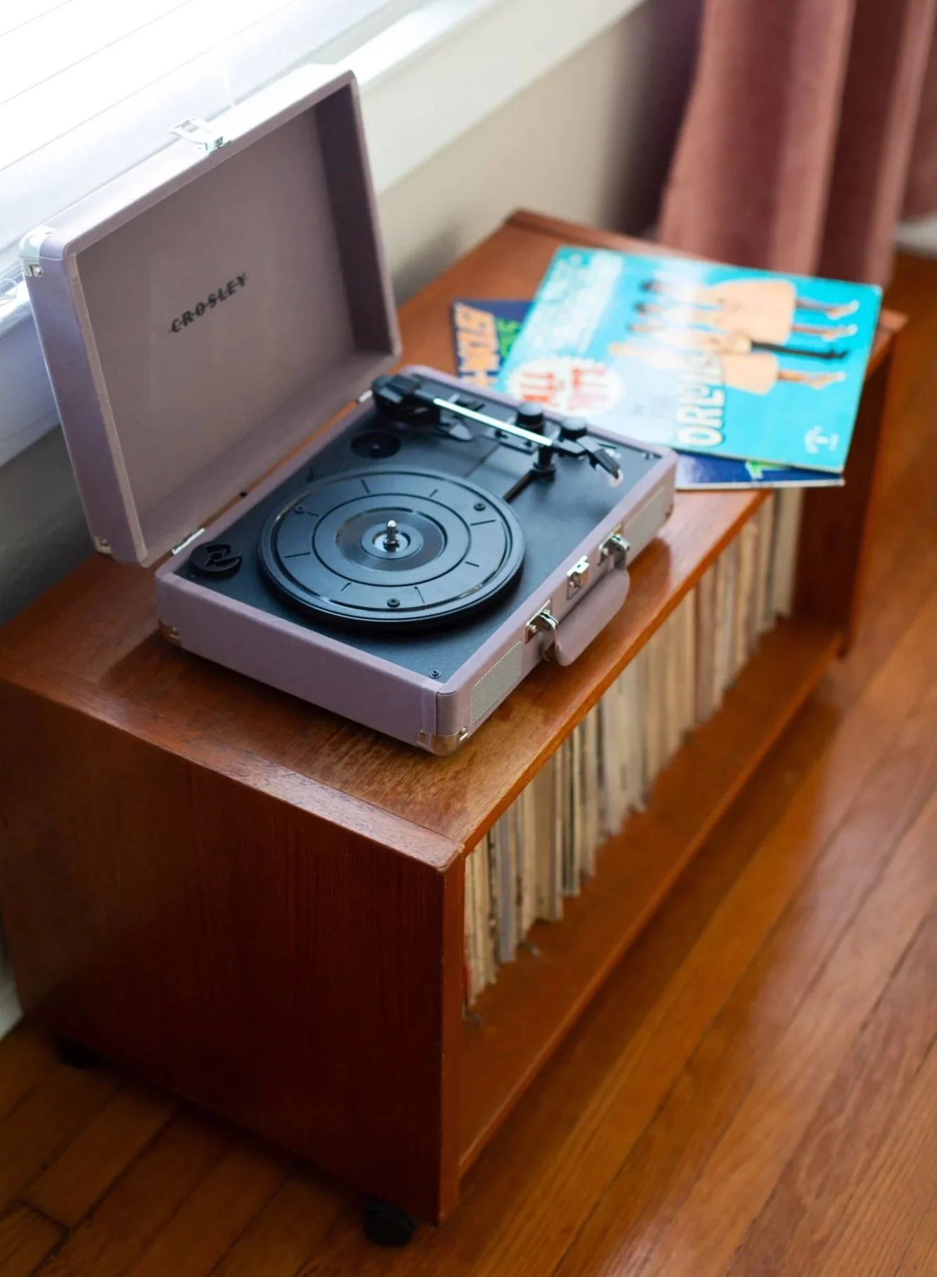 Vinyl player on wooden cart - lisa gilmore design tampa