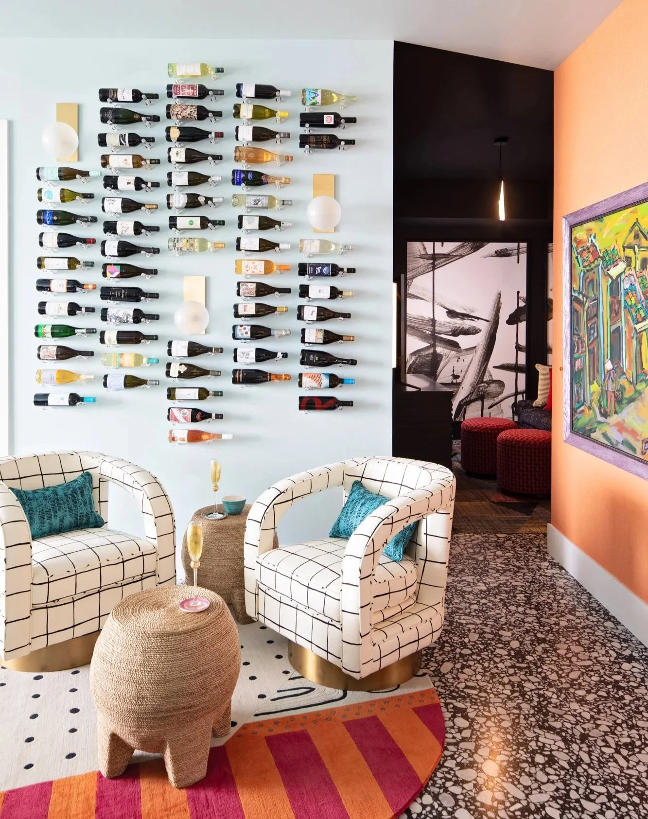 WINE WALL WITH BLUE AND ORANGE BACKGROUND
