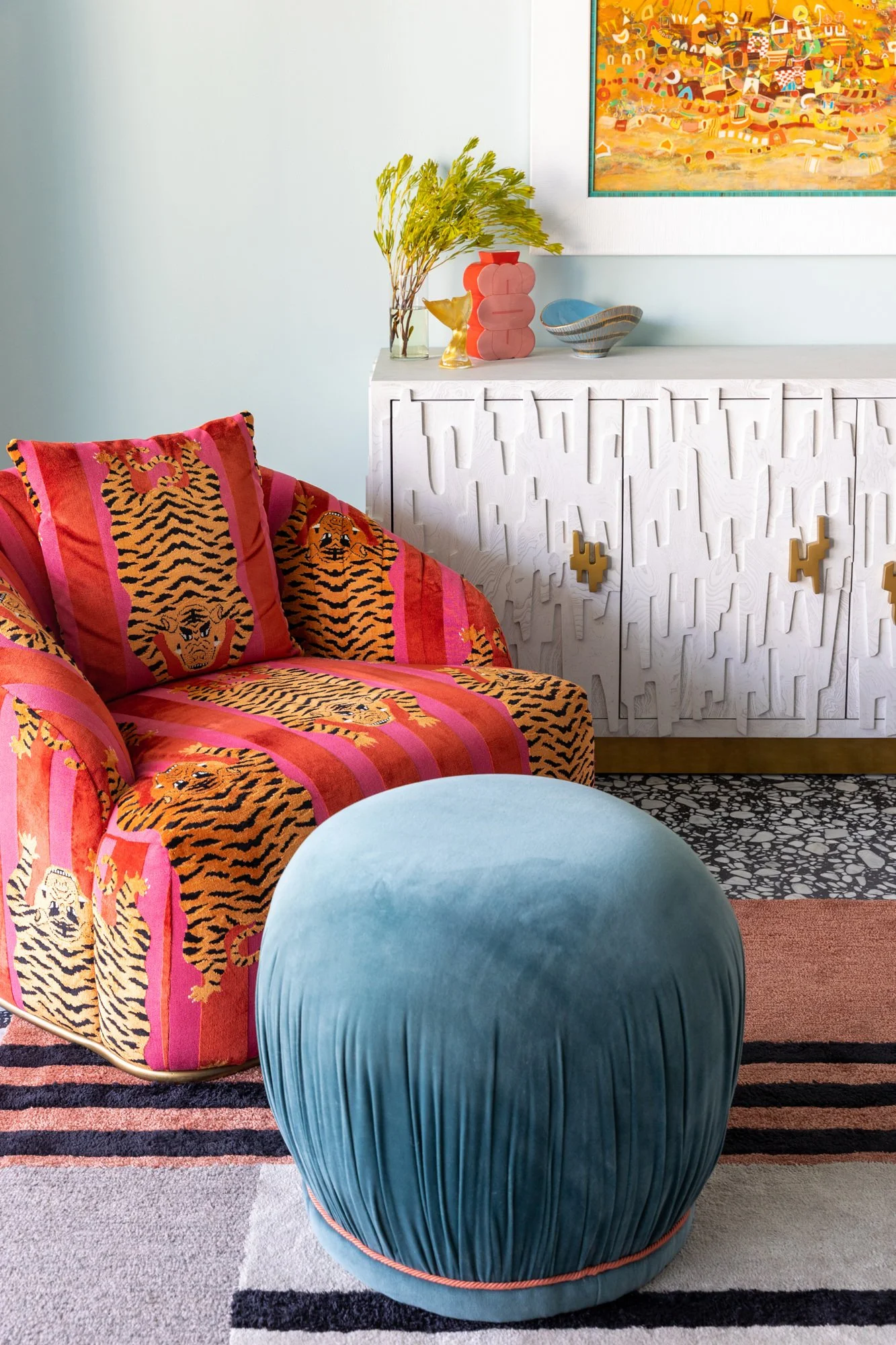 Velvet and Orange tiger chair - Condo Interior Designer Tampa