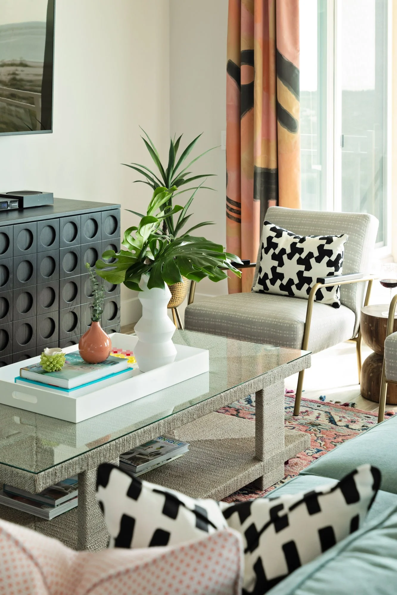Living Room With Pattern Fabrics Tampa Interior Design Black White Blue Orange