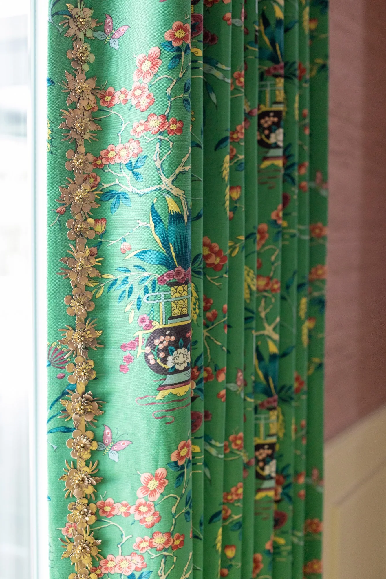 Green chinoiserie drapes - Lisa Gilmore Design Tampa