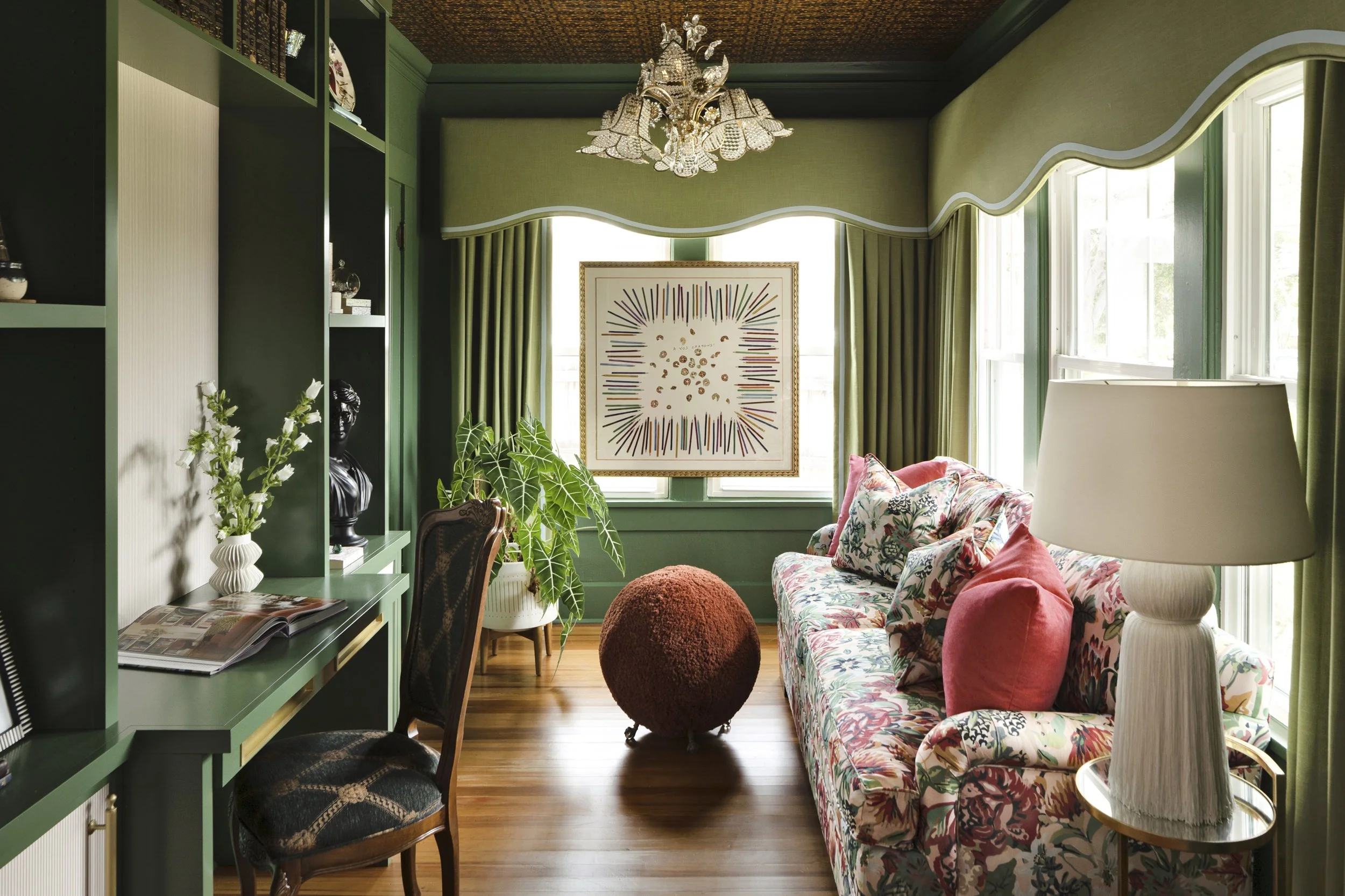 Green study with valence window treatment - Lisa Gilmore Design