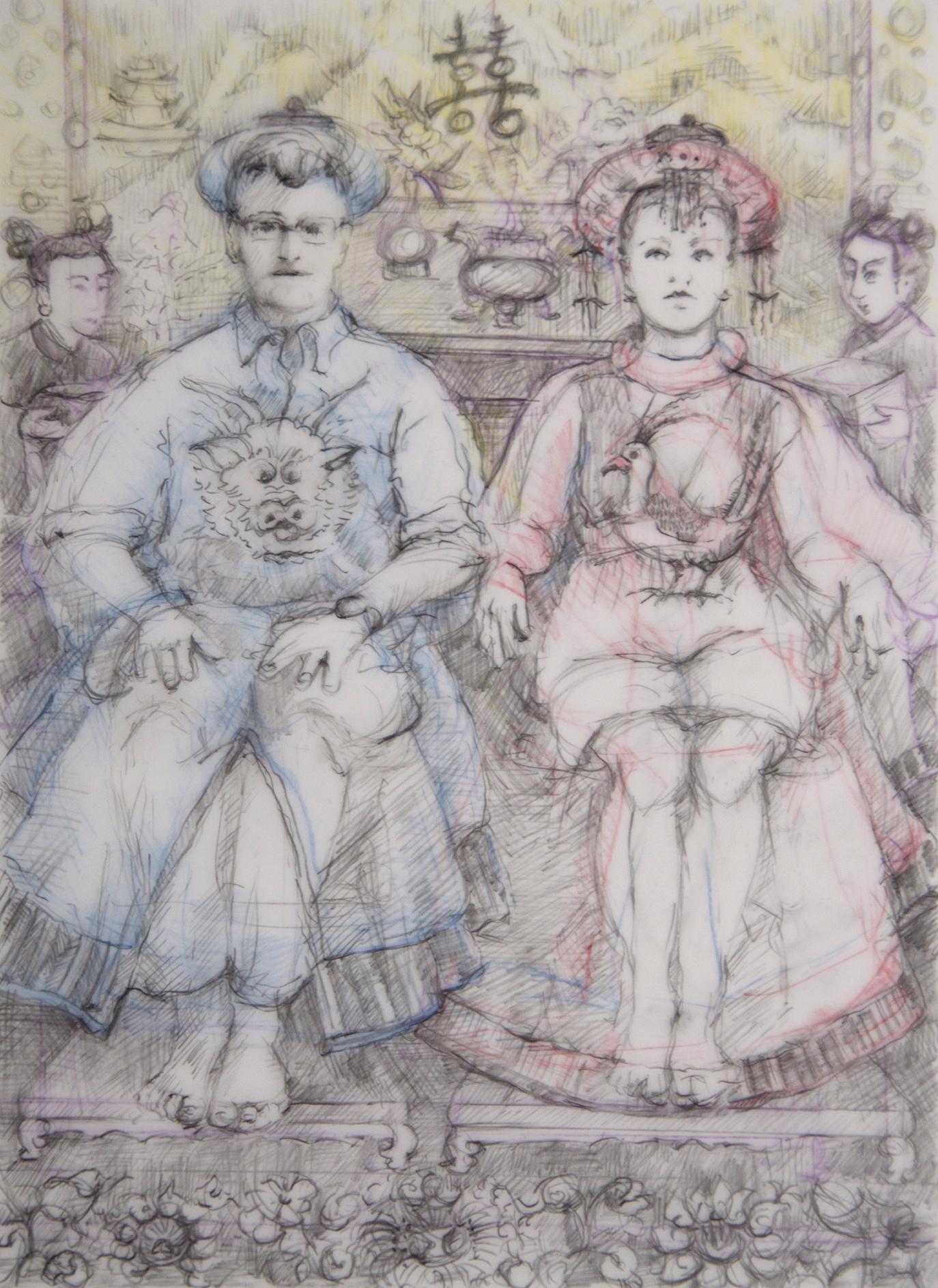 Contemporary Chinese Ancestor Portrait, 5"x 7", graphite and color pencil