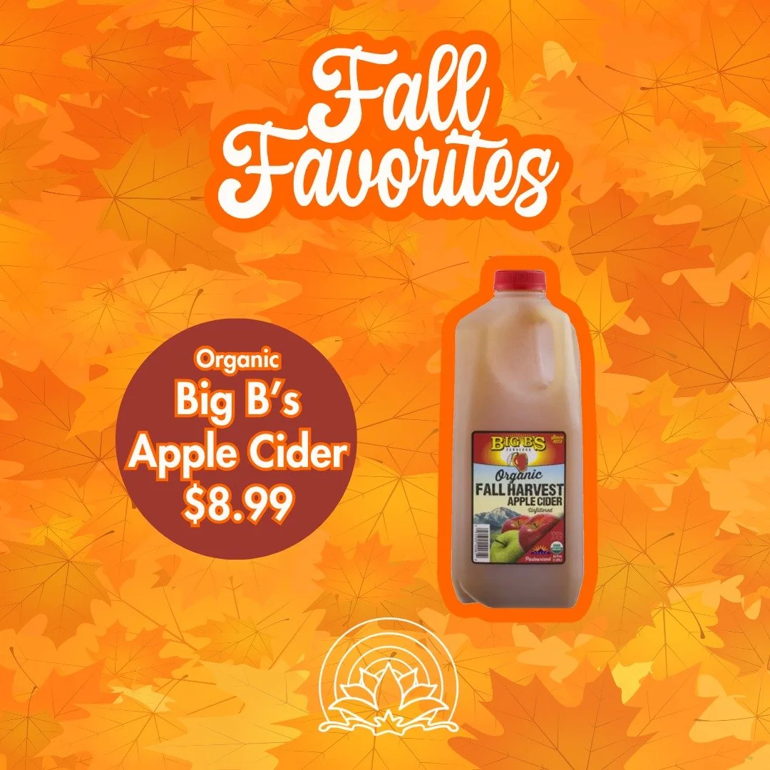 Cozy up this season with some of our fall favorites!

@drinkbigbs apple cider is freshly pressed from local, organic apples, capturing the crisp, cozy taste of fall. Its naturally cloudy appearance and tangy-sweet flavor make it perfect for sipping b