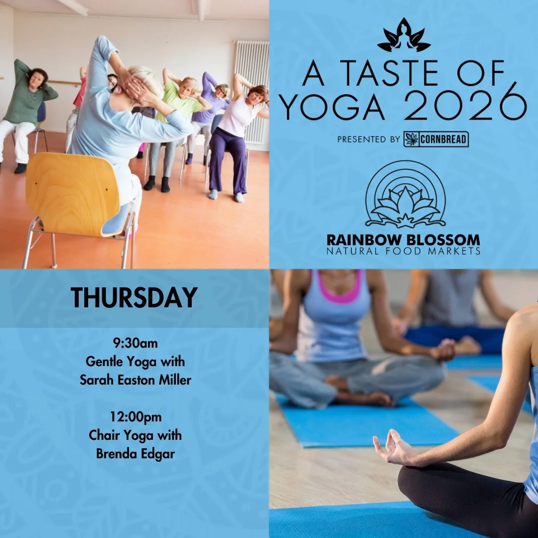 A Taste of Yoga 2026 forges ahead!

Thursday's classes are Gentle Yoga with Sarah Easton Miller,  and Chair Yoga with Brenda Edgar.

A Taste of Yoga is an annual event where we offer a week of FREE yoga classes featuring several disciplines appropria