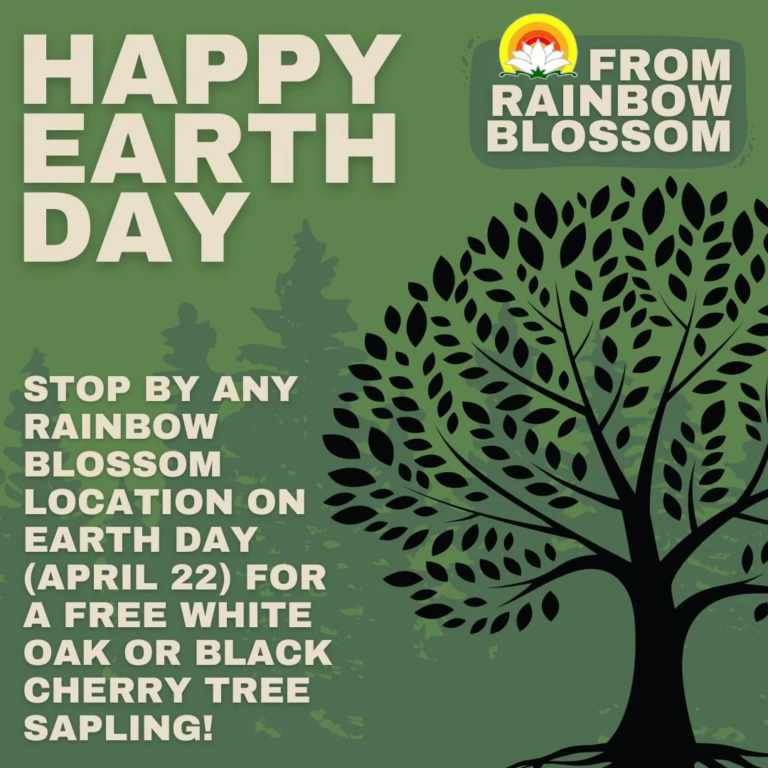 Happy Earth Day!

Stop by any Rainbow Blossom location to pick up a White Oak or Black Cherry sapling, two Kentucky-native trees that give back to our local ecosystem in a big way.

First come, first served. Only while supplies last.

#earthday #plan