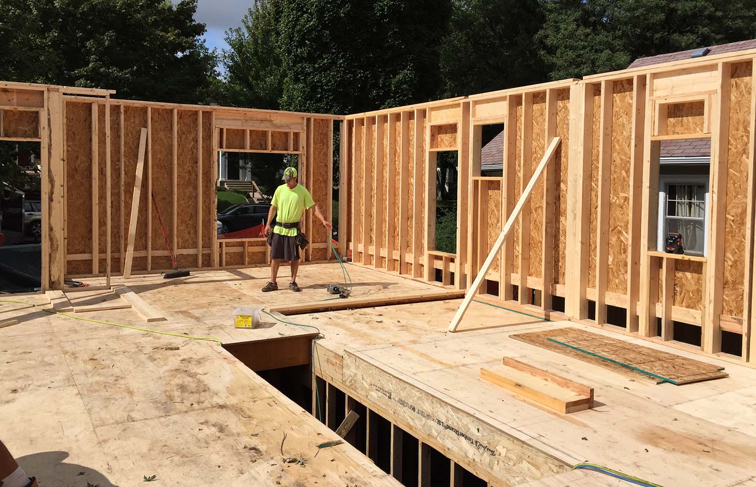 View northwest, from the future dining room to the future main floor bedroom.