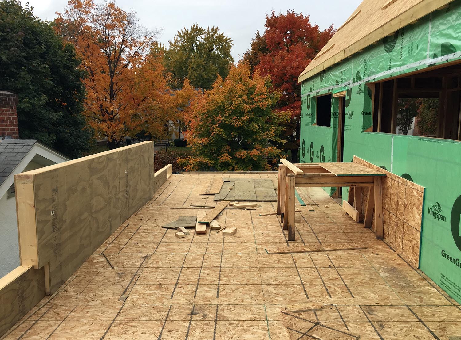 The roof deck features a center planter (one side of which shown to the left), providing railing/privacy/spatial definition to the habitable deck. Planted roof areas will extend east and west of this.
