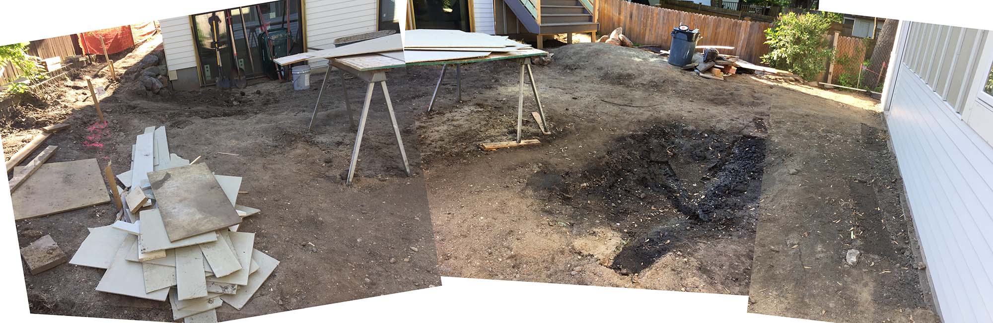 The backyard is another hardscape of overly packed soil. A future rain garden can be seen hinted at on the right.