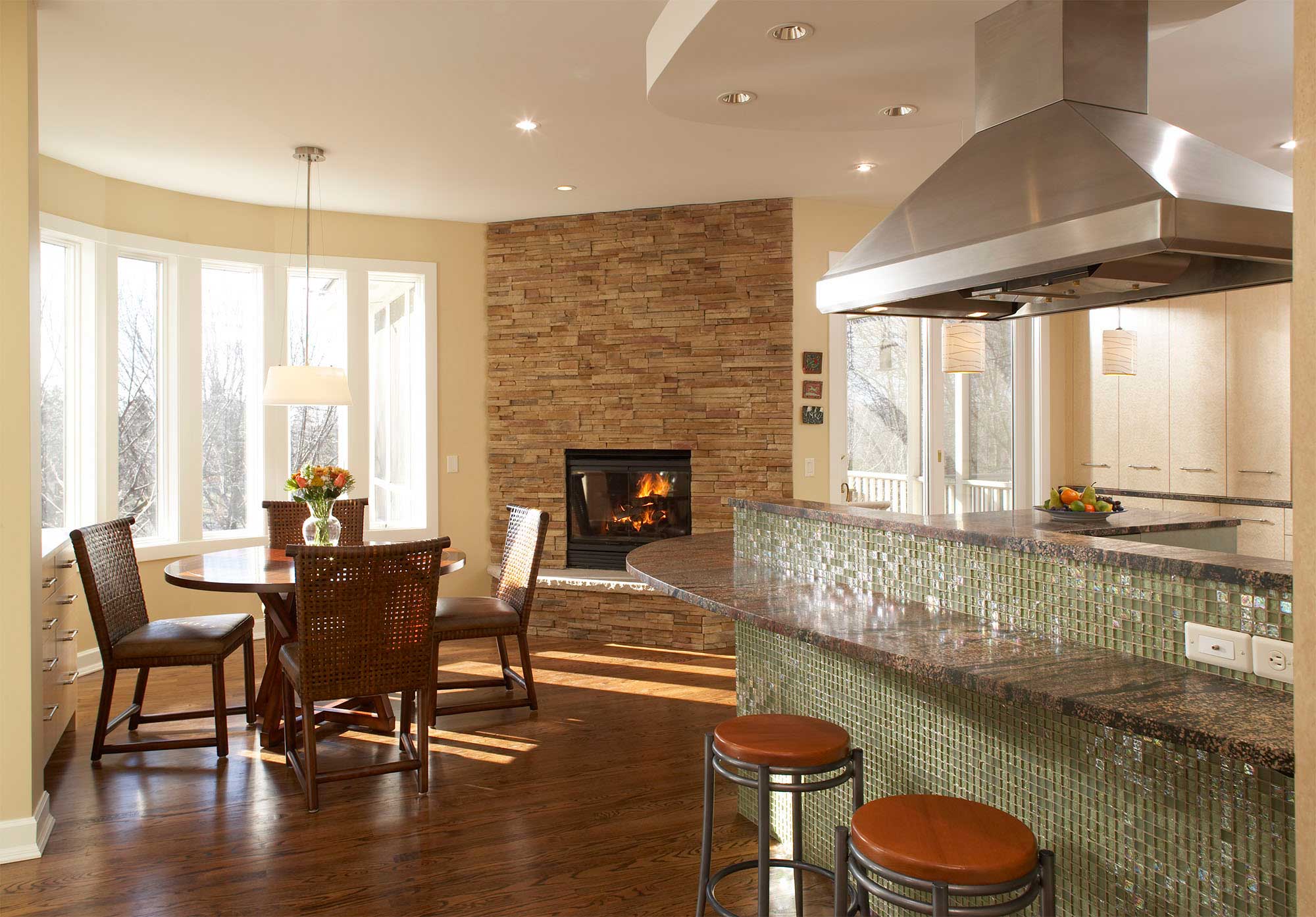 The fireplace and eating area were not part of the remodeling.