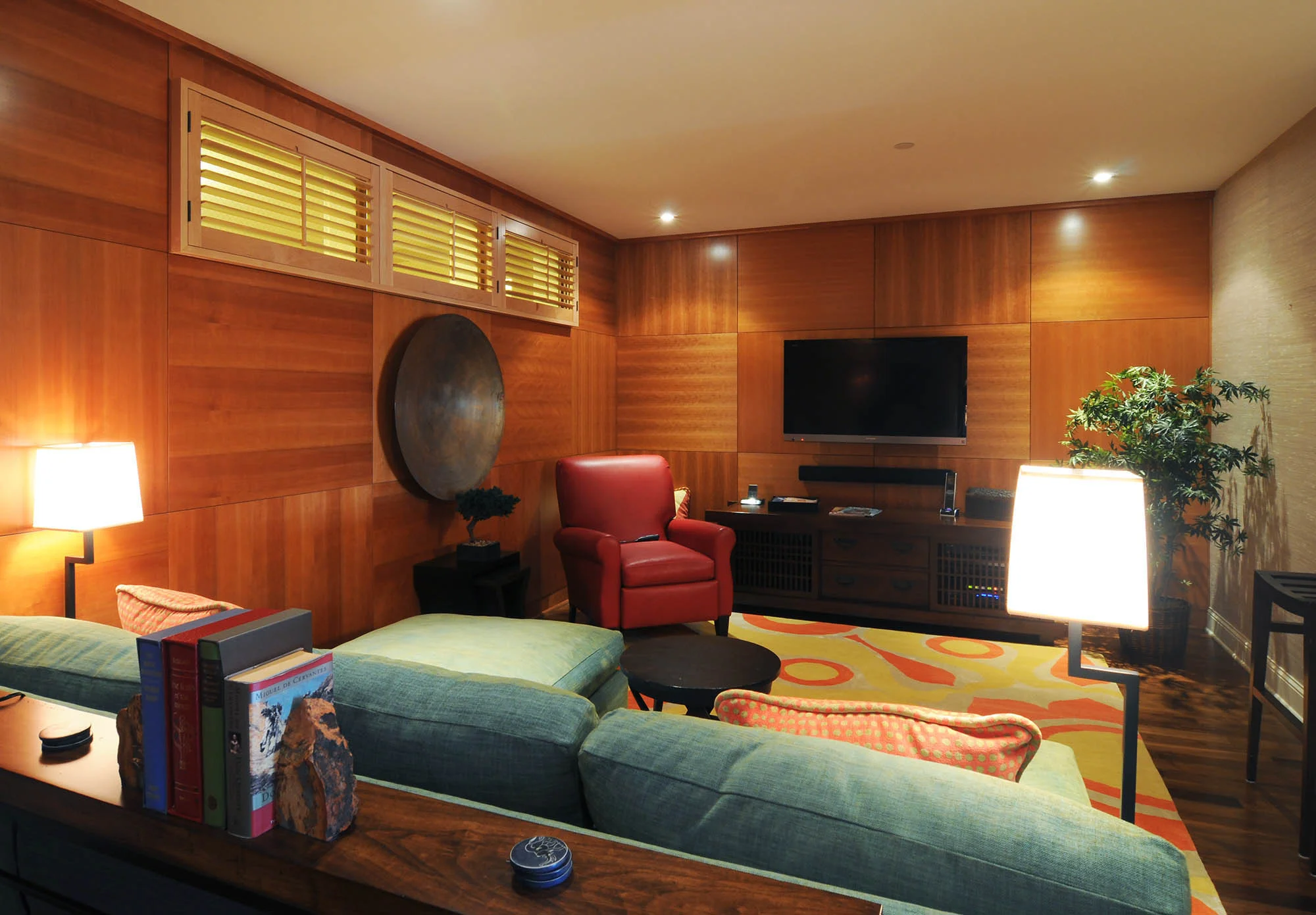 A richly paneled family room in an Edina condo.