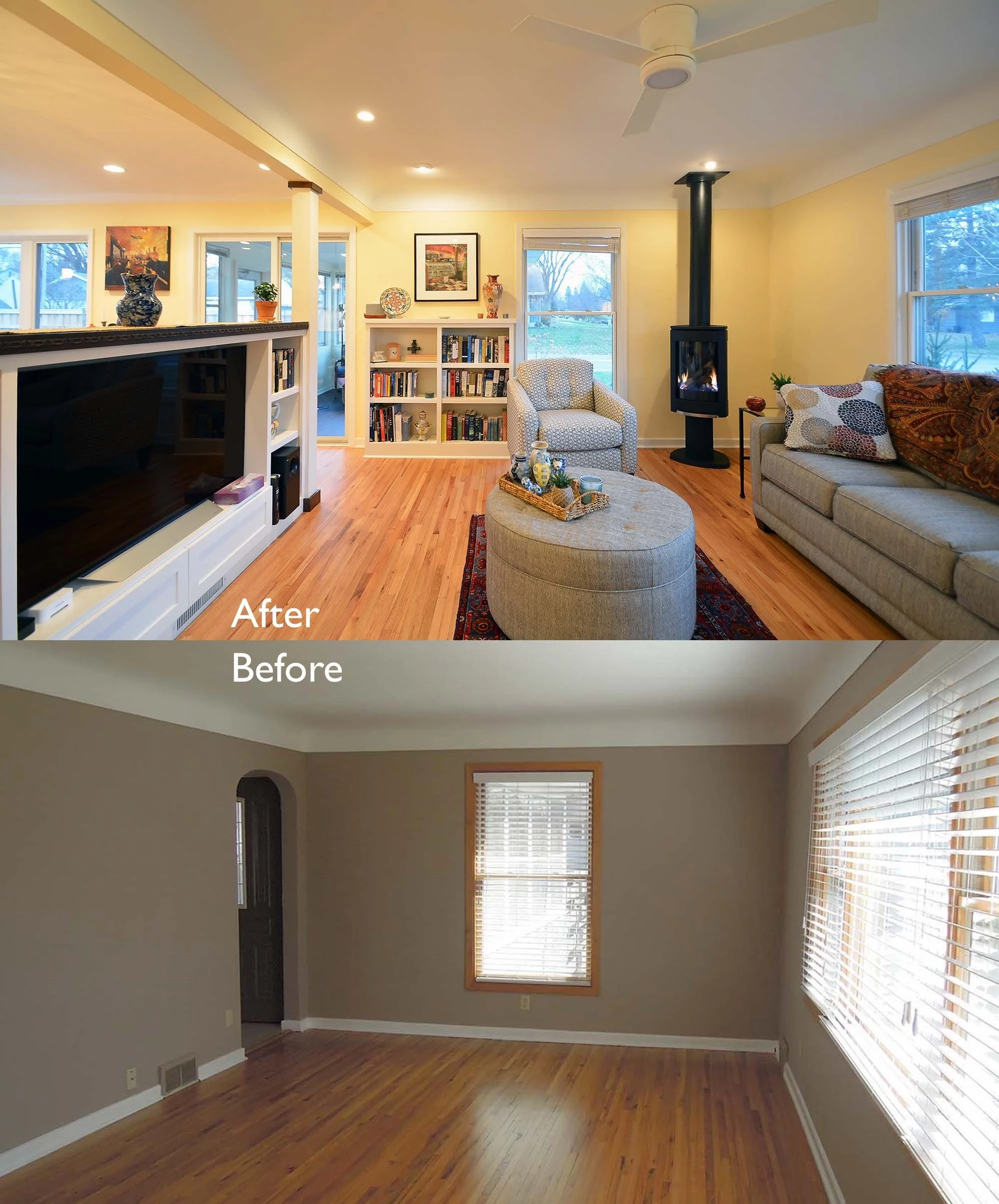  This dramatic remodeling was made possible by relocating the basement stair.  General contractor: Wooden Dreams. 