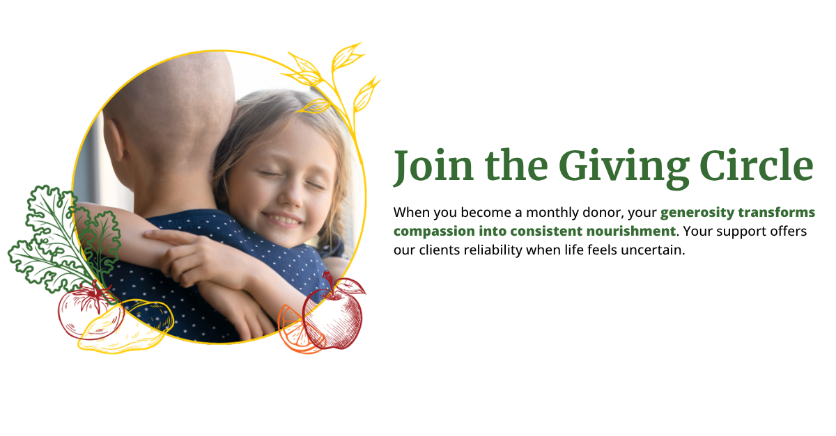 A young girl facing the camera, eyes closed and smiling while hugging her mom. The mom has cancer and has lost her hair. around the photo are hand-drawn kale, a tomato, a chicken breast, an orange slice, an apple, and a stalk of oats.