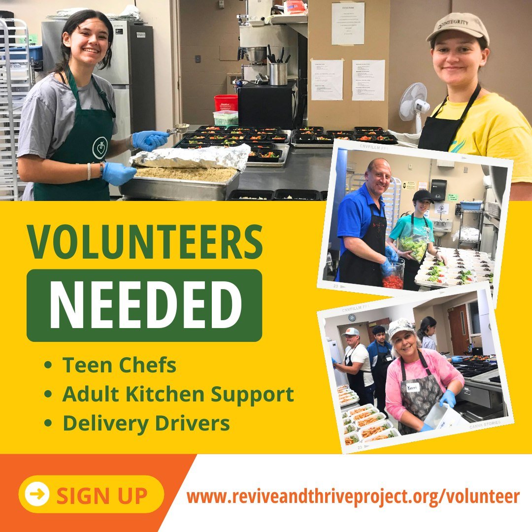 Calling all volunteers! Revive &amp; Thrive needs helping hands in the kitchen this Wednesday, May 8th from 3:30-6 pm. We're also looking for teen chefs and delivery drivers from 6:00-7:15pm to get meals out to our clients. 

Volunteer opportunities 