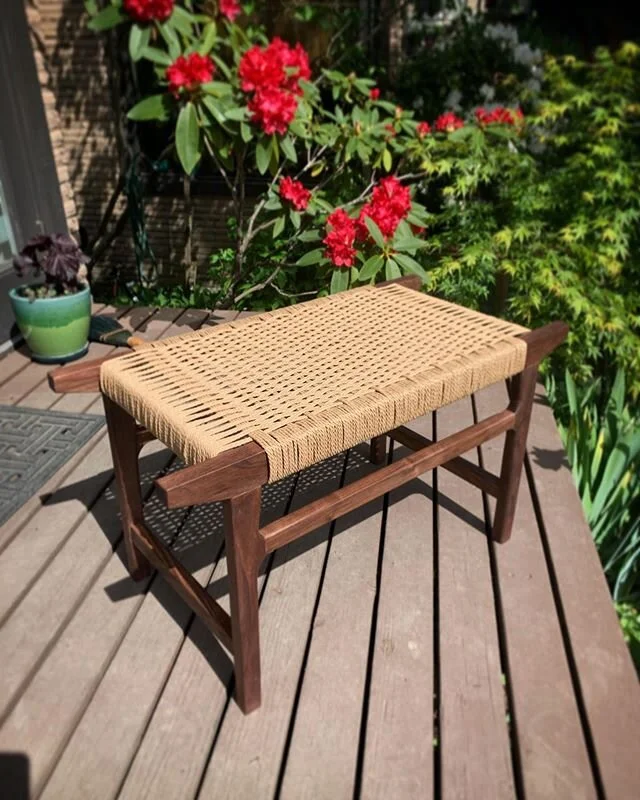 Danish cord bench complete and another sunny day. Hard to reconcile the micro world with the macro right now. Here&rsquo;s today&rsquo;s good thing, I finished. #danishpapercord #handtoolwoodworking #walnut #womeninwoodworking