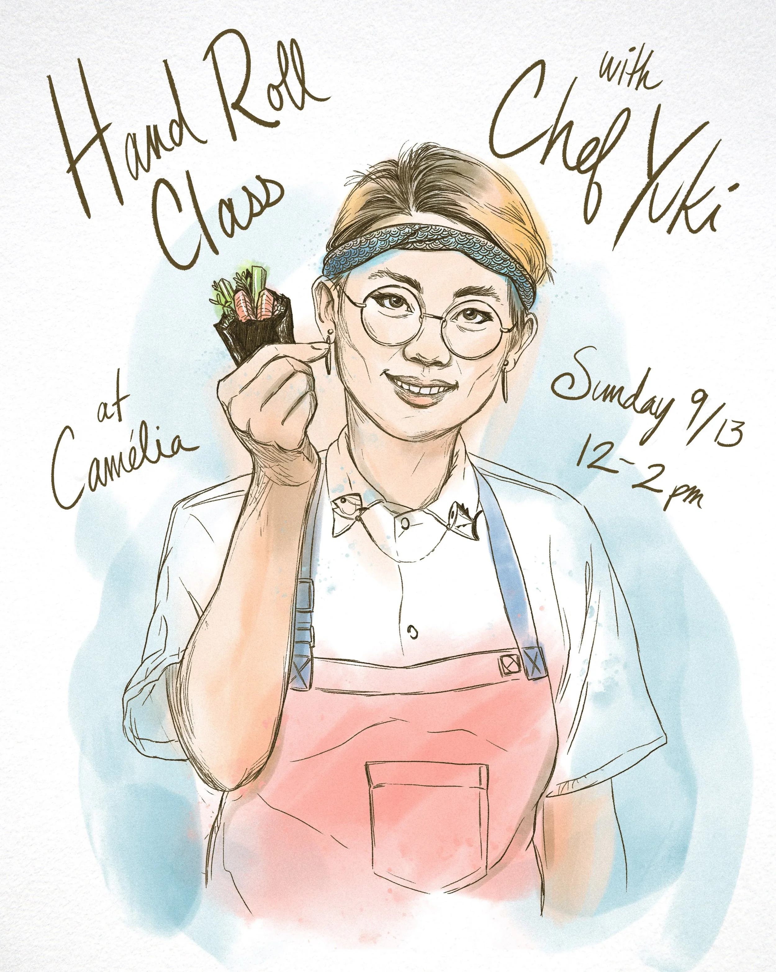 Hand Roll Class @cameliadtla! Always love when they ask me for an illustration 💕 This sounds really fun and in such a great place.

A couple of preliminary ideas when we started working on this. ✍️