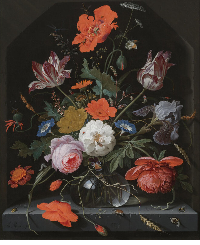 Abraham_Mignon_-_Still_life_with_peonies,_roses,_parrot_tulips,_morning_glory,_an_iris_and_poppies_in_a_glass_vase_set_within_a_stone_niche_and_caterpillars,_a_snail,_a_bee_and_a_cockchafer_on_the_ledge_below.jpg