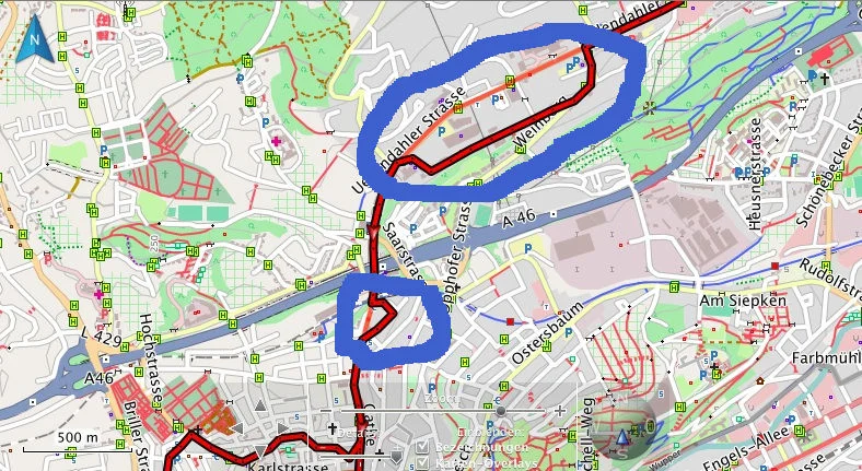 blau markiert: lustige Ideen des Garmin zur Auflockerung der Strecke / marked in blue: funny ideas of the Garmin to bring a bit of variety in the route