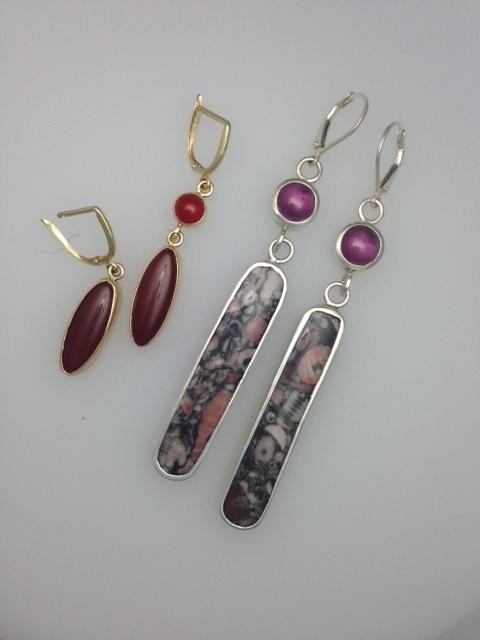14k/Carnelian and Pink Lab Created Sapphire with Dinosaur Bone Elements Sterling Silver Earrings