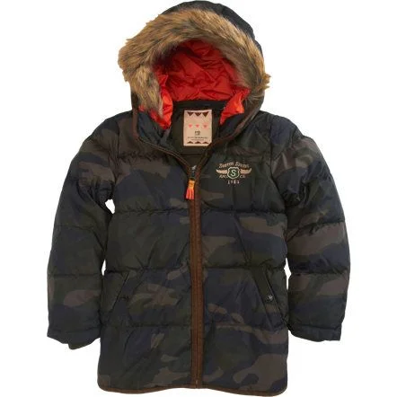 This Scotch Shrunk Long Camo Puffer is sure to keep your Little Man Warm in the Extremest of Cold Temperatures with its Down Fill, Removable Lining at the Hood, and Rib Cuffs. He will know it is Super Cool & the Funnest Puffer out there--with its Ready to Assemble Logo Parachute- Wow... I even think that is Super Cool, and I also love the pop of Orange! 