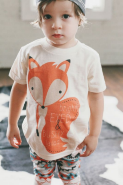 I am obsessed with this Kindred Oak Bright Eyed and Bushy Tailed Unisex Tee . With Foxes as Popular as they are, this Tee is sure to be a compliment snatcher, and your Child will love it too with the darling Oversize Fox Graphic that is Great for a Boy or a Girl..as the above 2 photos show! I also love that this Tee is 100% Organic Cotton with Water Based Ink. 