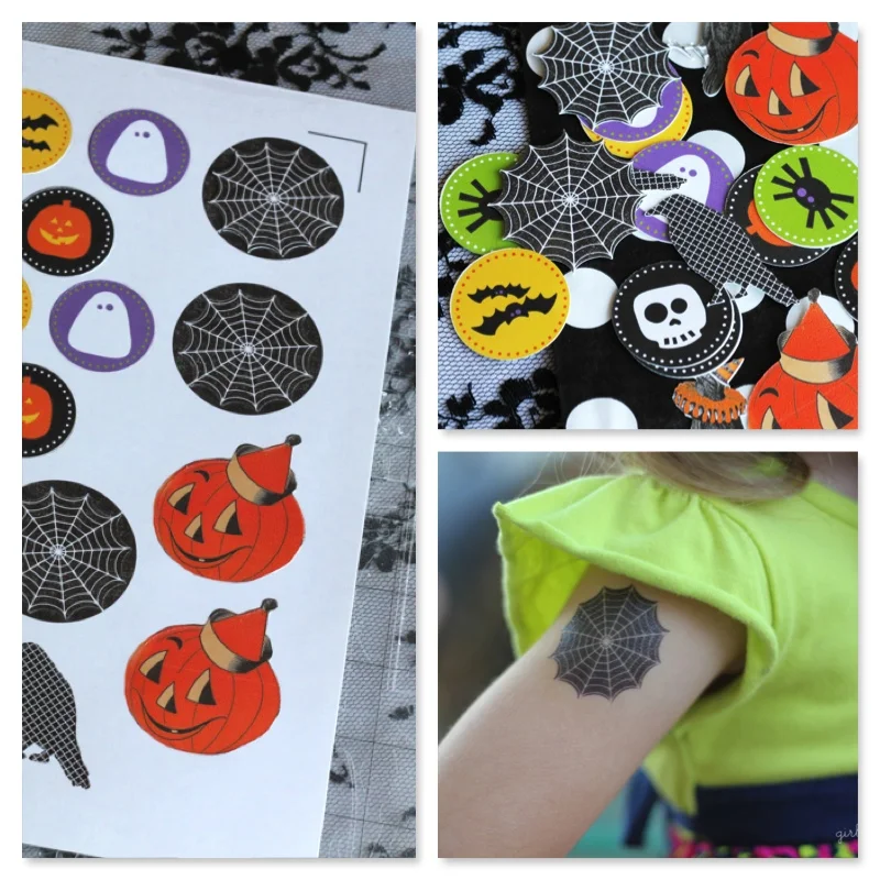 And of course you can always DIY your own Temporary Tattoos. The Girl Inspired made these DIY Temporary Tattoos for Halloween, and has Easy To Follow instructions on her Blog. You purchase Tattoo Paper and then create your layout using the Silhouette Software; the designs are only 99cents each and are print and cut. It sounds simple and they look Great! These Halloween ones would be so cute to hand out to trick-or-treaters as an alternative to candy!