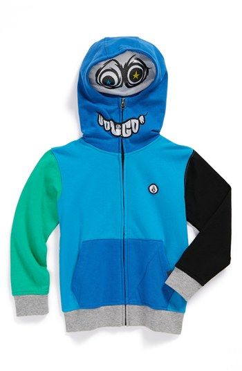 This Volcom "Chargernized" Full Zip Hoodie zips up and over your Little Guys face to reveal a googgly-eyed character (mesh insets at the eyes and mouth allow him to see and breathe easily). Like the Mask Trend (see my previous post) , this Hoodie lets his silly side go wild and allows him to express his personality with mystique and playfulness.