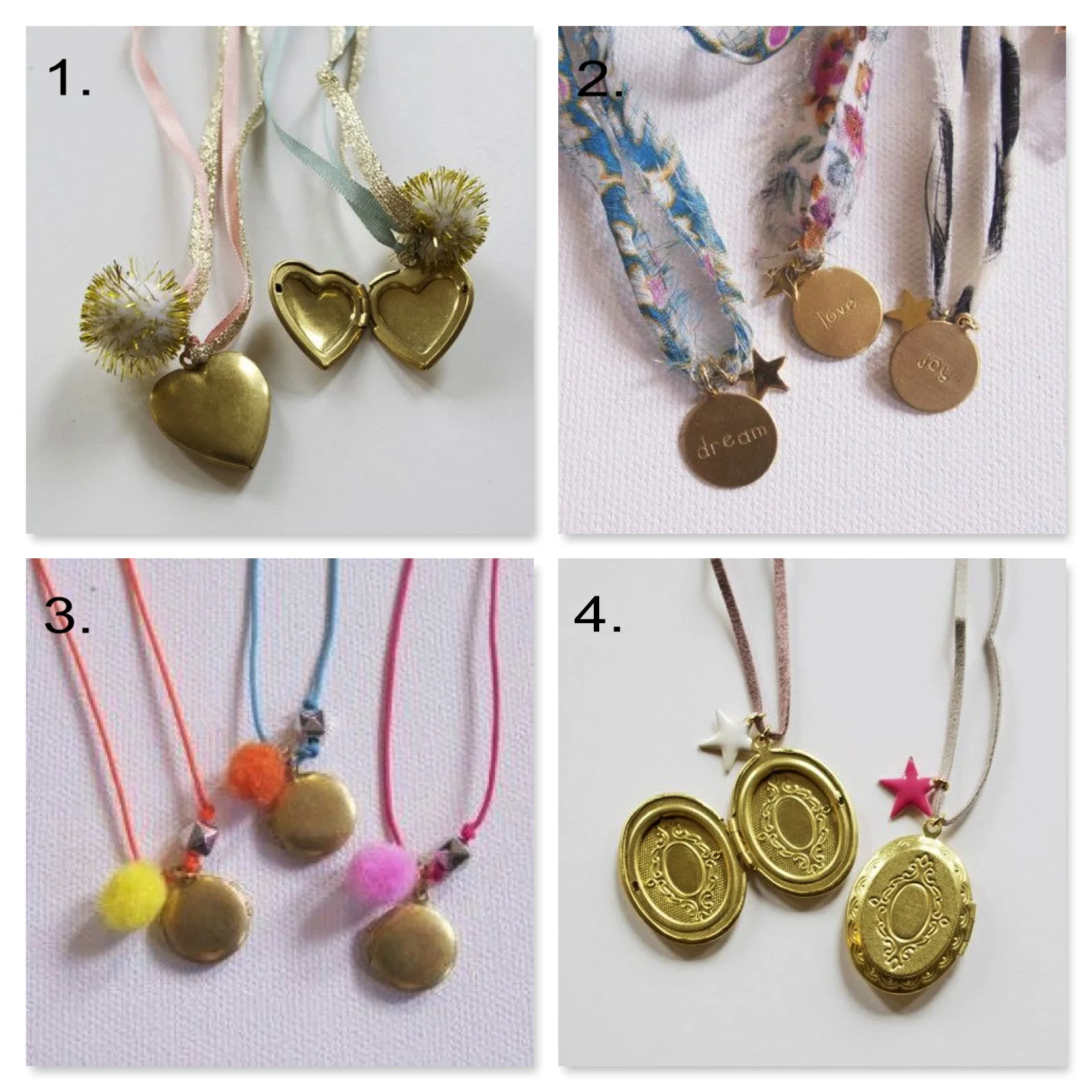 These are my favorite necklaces from Atsuyo Et Akiko . They have some simple lockets, but are designed so well for Kids with colorful cords, pom poms, and fun star shape accents (stars is another trend I will talk about soon). The disk with the stamped emotions is also beautifully designed with a printed fabric cord. Your daughter would love to wear any one of these necklaces, so girly, and she just may put a picture of you in her locket. 1. Heart Locket | 2. Ribbon Necklace- Coin+Star | 3. Fluo Locket Necklace | 4. Locket Star