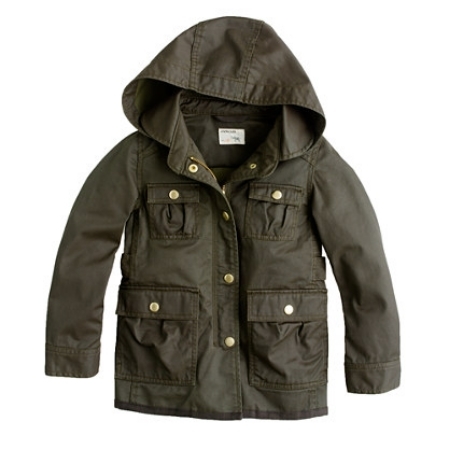 This J.Crew Girls' Hooded Downtown Field Jacket is a sized down version of their best-selling women's jacket, just for little ones! It has all the same original military-inspired details as the women's jacket which includes gold snaps and a resin-coated canvas that is water resistant, making it perfect for Spring Showers!