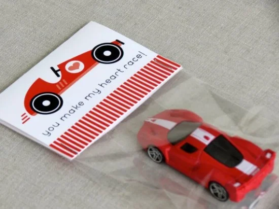 " You Make My Heart Race " Valentine's Collection is perfect for your children's friends, this is my sons favorite Valentines. It is an instant digital download from Paper and Dip on Etsy; you just print on card stock, cut out ,fold, place car in a plastic bag, and they are good to go!