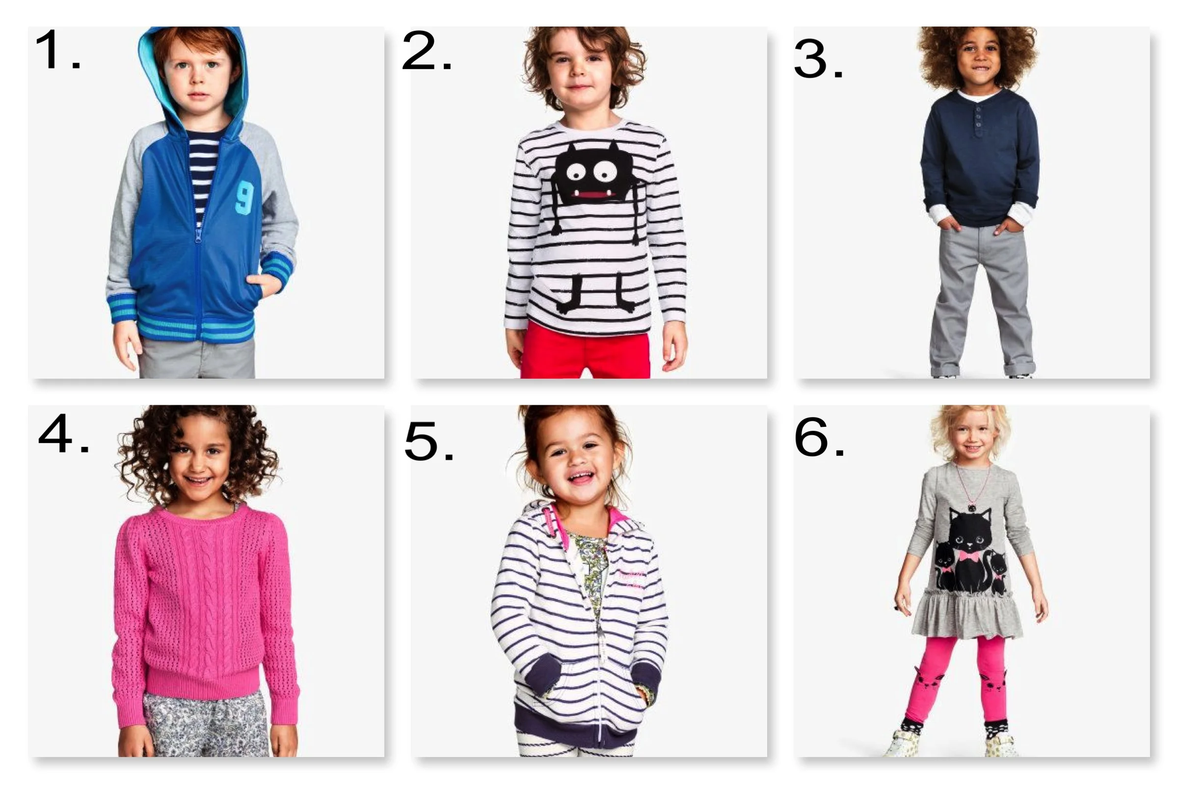 H&M has an online Presidents' Day Sale of 50% off select styles until 3/17 or while supplies last. 1. Athletic Jacket | 2. Long-sleeved T-shirt | 3. Twill Pants | 4. Pattern-knit Sweater | 5. Hooded Jacket | 6. Ruffle Dress